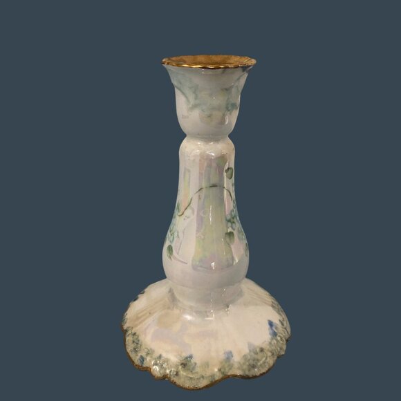 James Kent Old Foley Blue Floral Candle Holder Spano-Lustra Iridescent Glaze - Picture 4 of 8